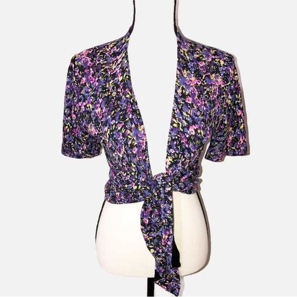 Moda International Size Medium Open Cardigan Shirt Sleeve Black Purple Floral - Picture 1 of 8